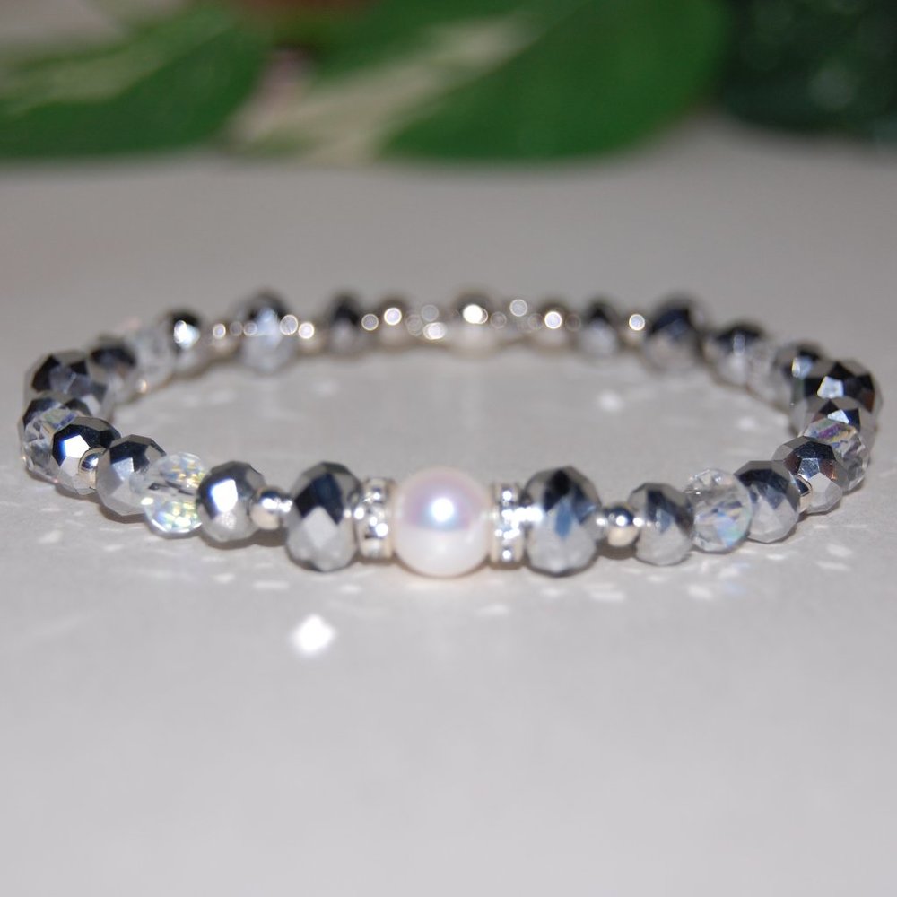 Freshwater Pearl Bracelet,Black Bracelet,Pearl and Black Glass Beads Bracelet